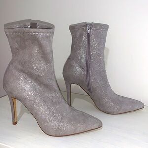 Metallic Silver Braylee Fab Sock Booties Stretchy Faux Suede Fabric